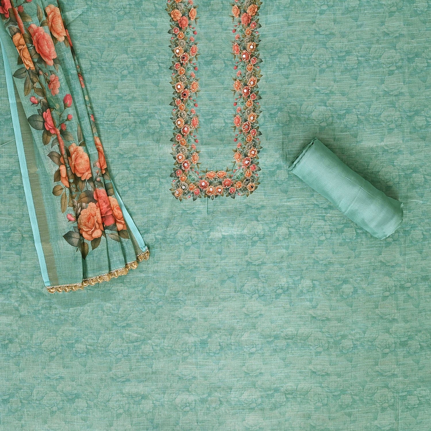 Turquoish Green Linen Unstitched Suit Set