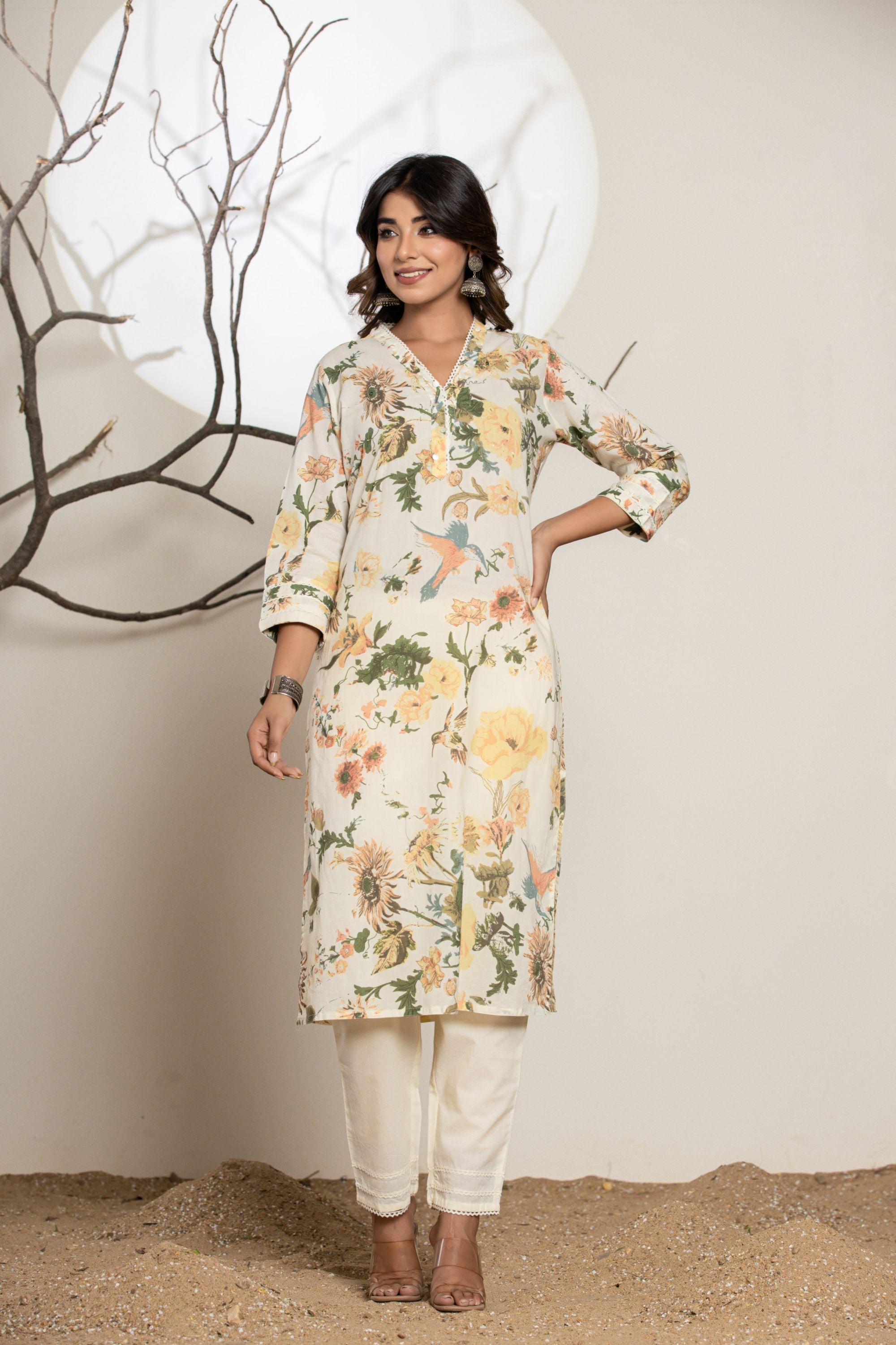 Vanilla Cream Y Neck Cotton Suit Set
