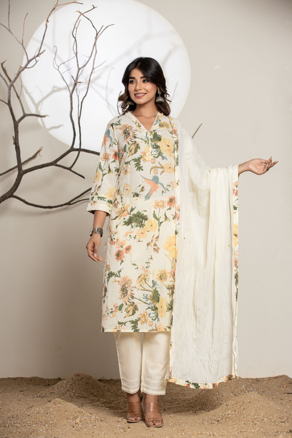 Vanilla Cream Y Neck Cotton Suit Set