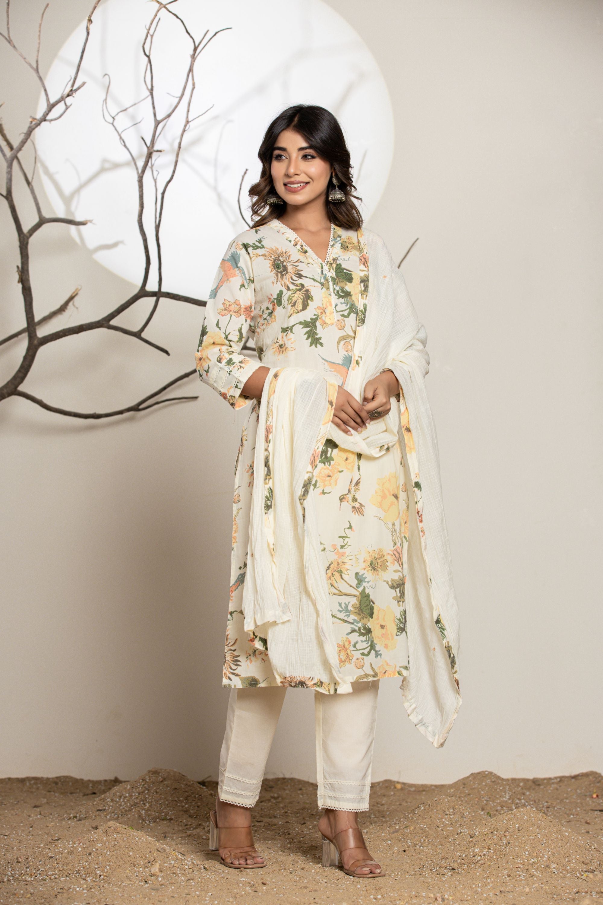 Vanilla Cream Y Neck Cotton Suit Set