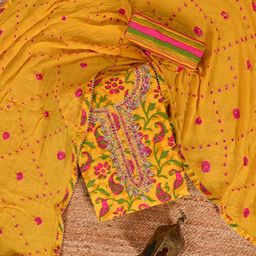 Vivid Yellow Batik Print Cotton Unstitched Salwar Suit