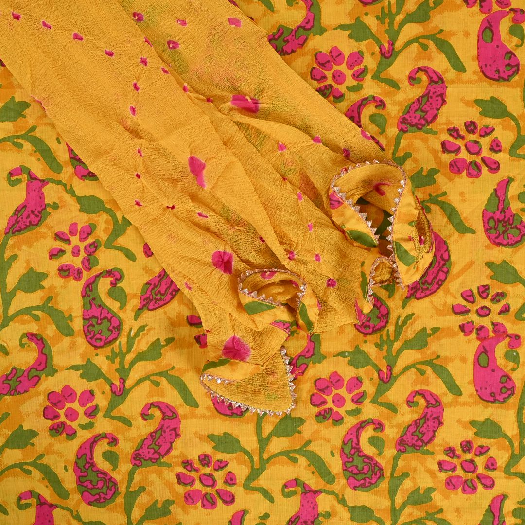 Vivid Yellow Batik Print Cotton Unstitched Salwar Suit