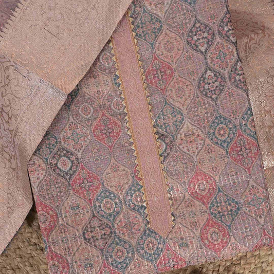 Walnut Brown Chanderi Unstitched Jaipuri Suit Set With Organza Dupatta