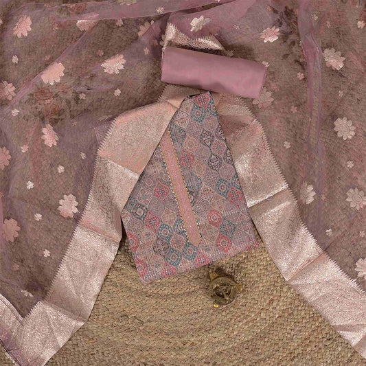 Walnut Brown Chanderi Unstitched Jaipuri Suit Set With Organza Dupatta