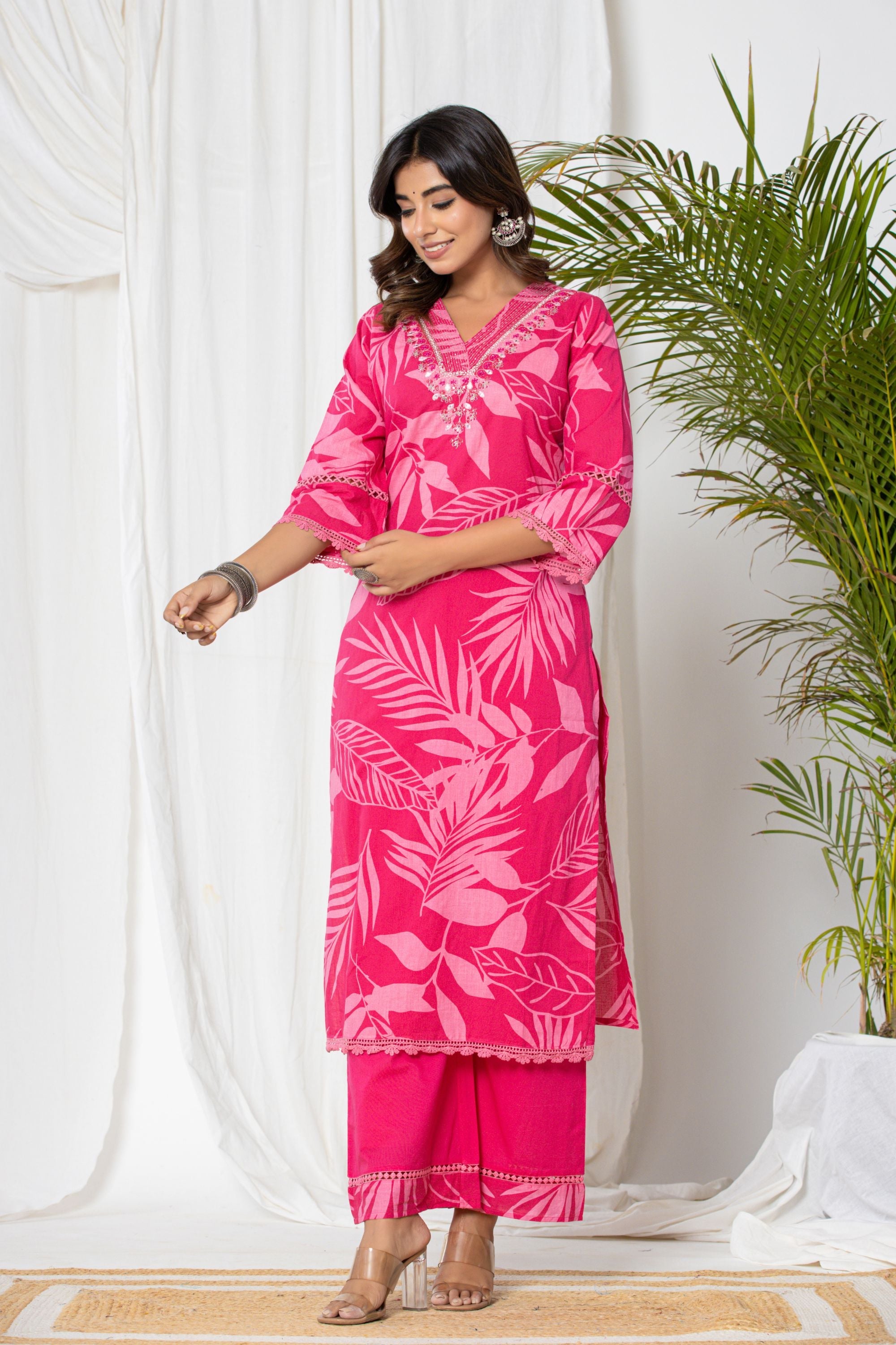Watermelon Pink Palm Cotton Suit Set