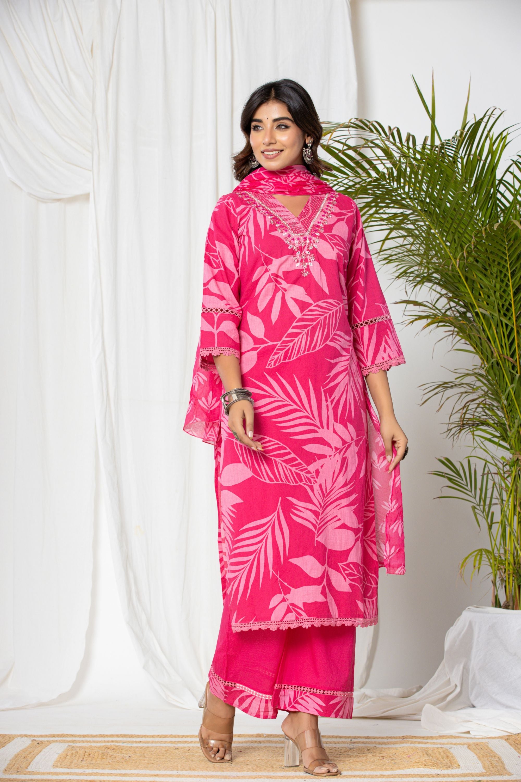 Watermelon Pink Palm Cotton Suit Set