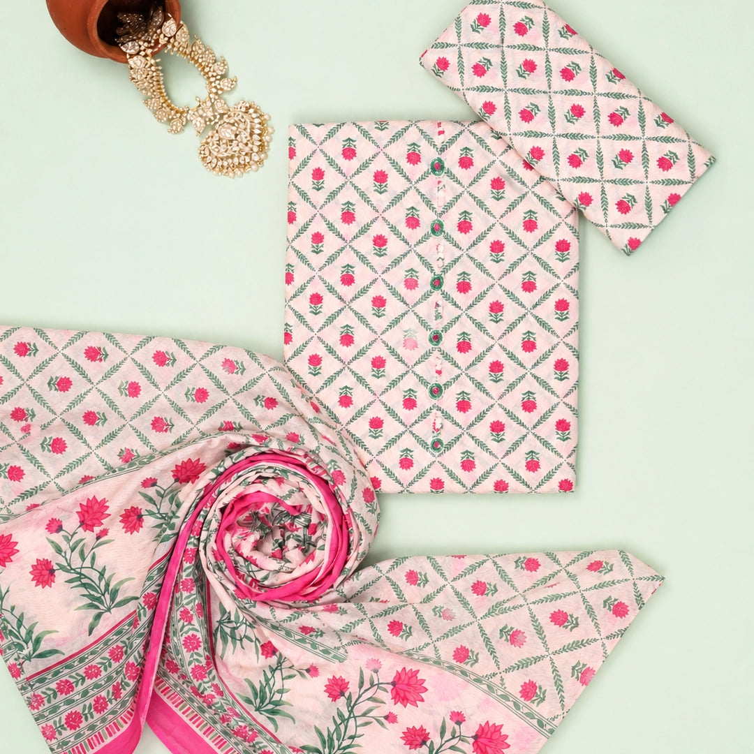 White Bagru Print Cotton Unstitched Suit Set