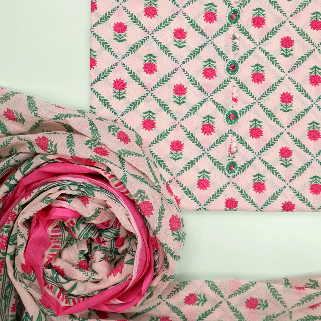 White Bagru Print Cotton Unstitched Suit Set