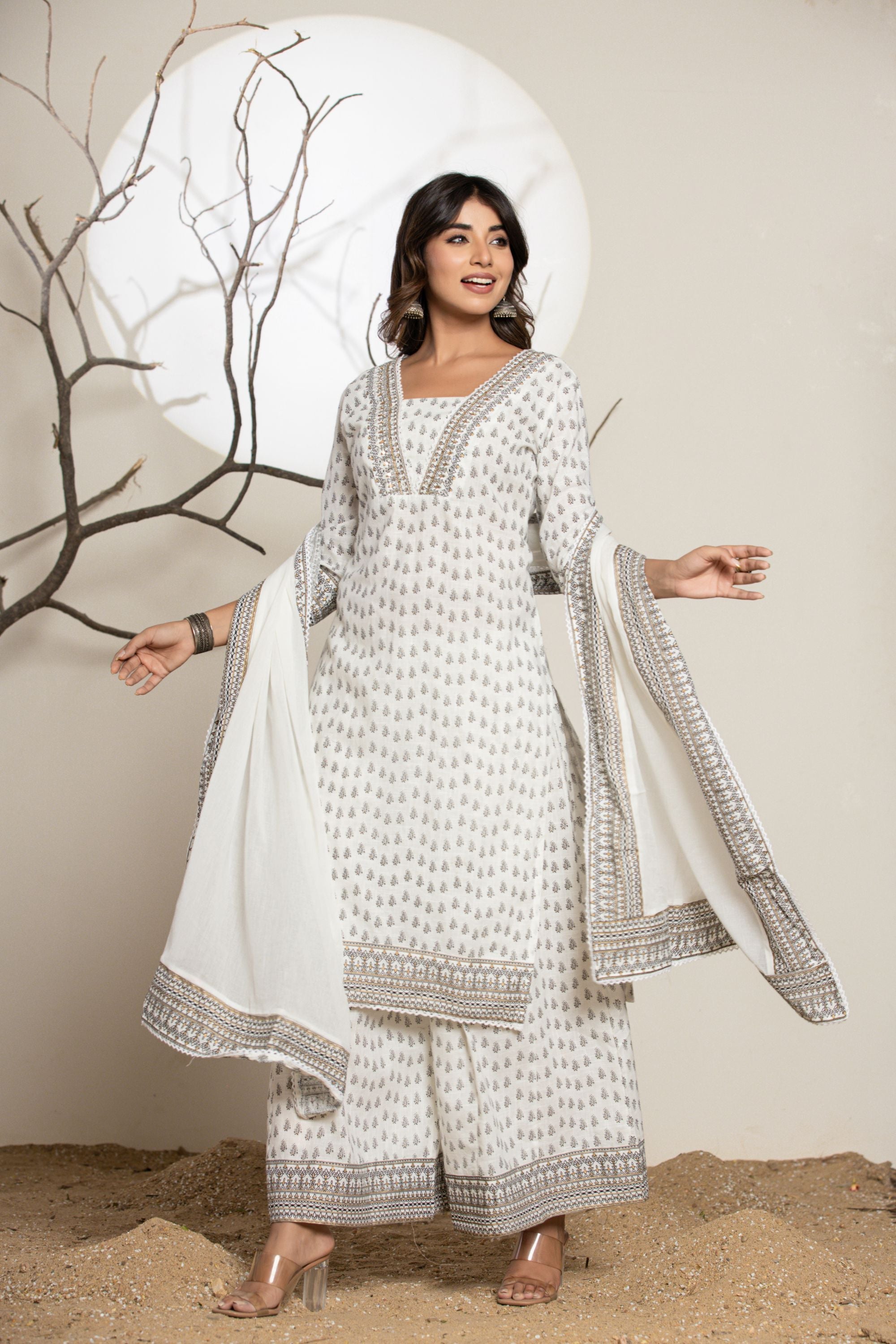 White Black Bagru Plazzo Suit Set