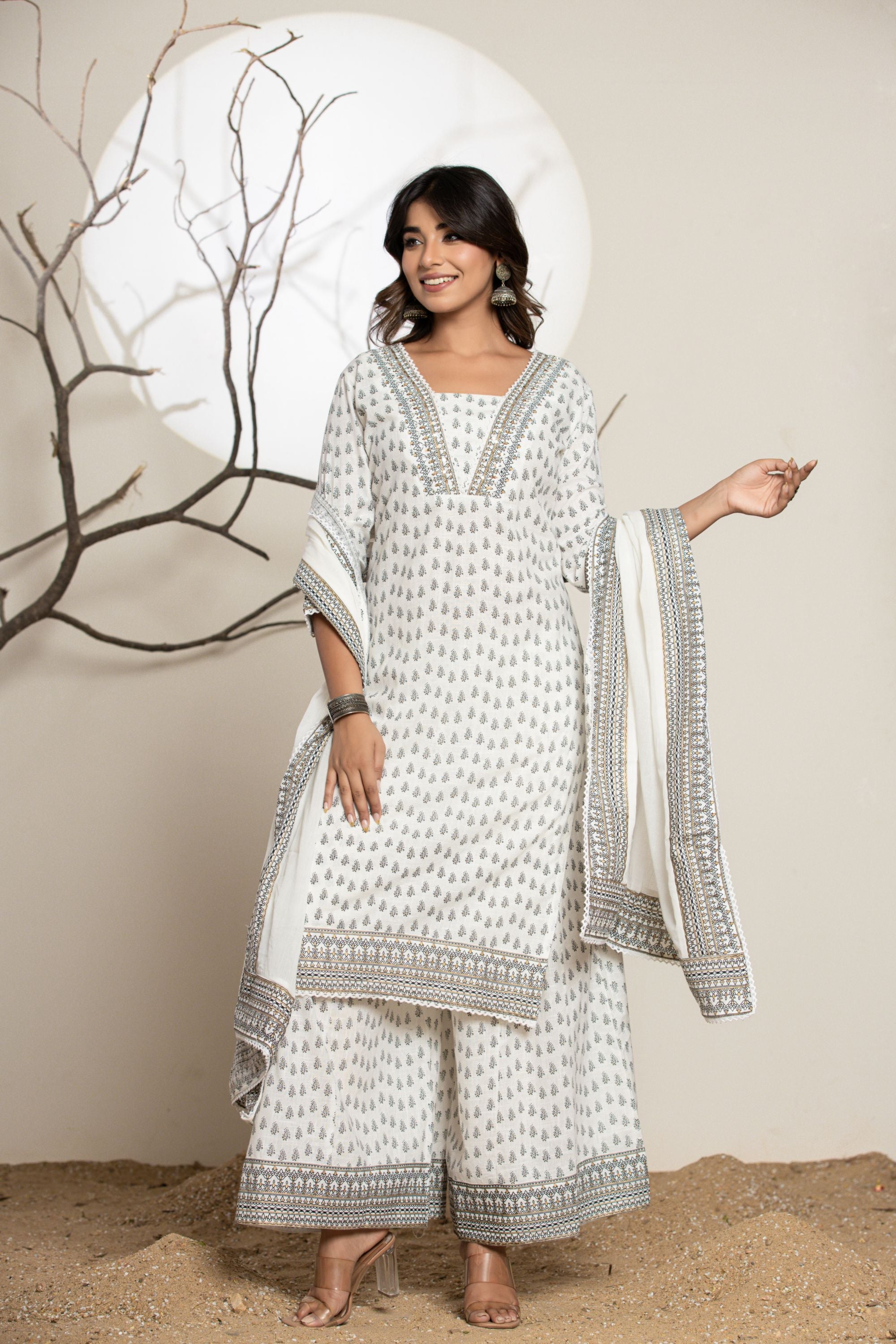 White Black Bagru Plazzo Suit Set