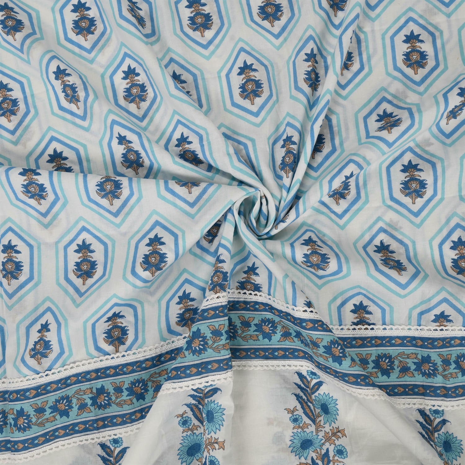 White Blue Cotton Unstitched Suit Set