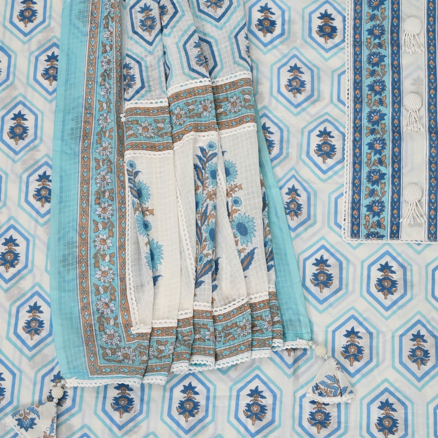 White Blue Cotton Unstitched Suit Set
