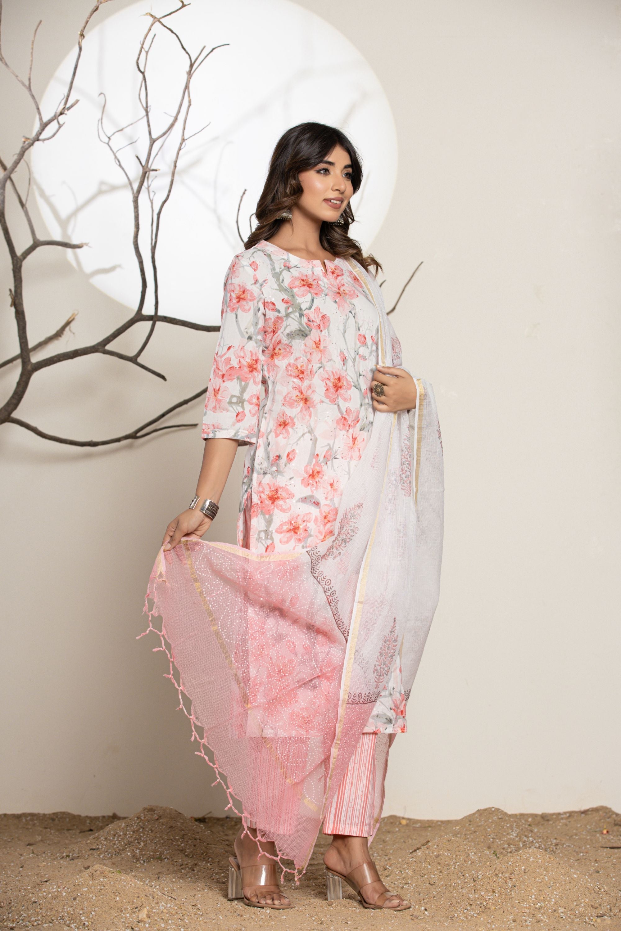 White Peach Floral Embroidered Cotton Suit Set