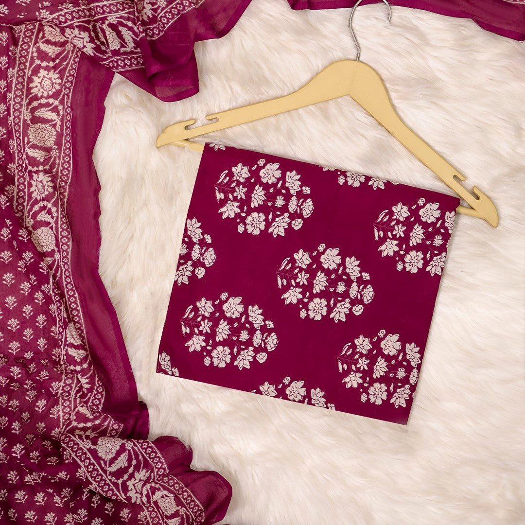 Wine Bagru Print Cotton Unstitched Suit Set