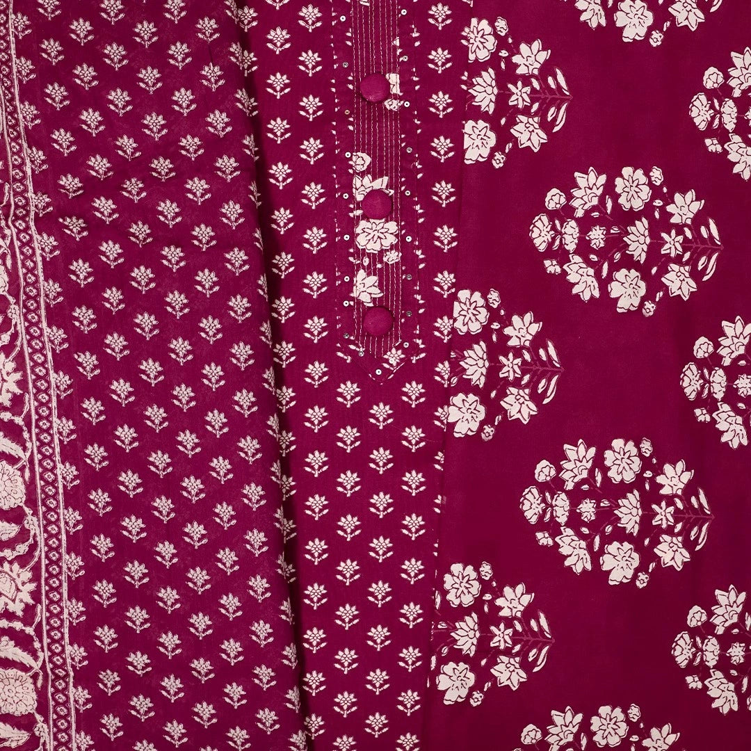Wine Bagru Print Cotton Unstitched Suit Set