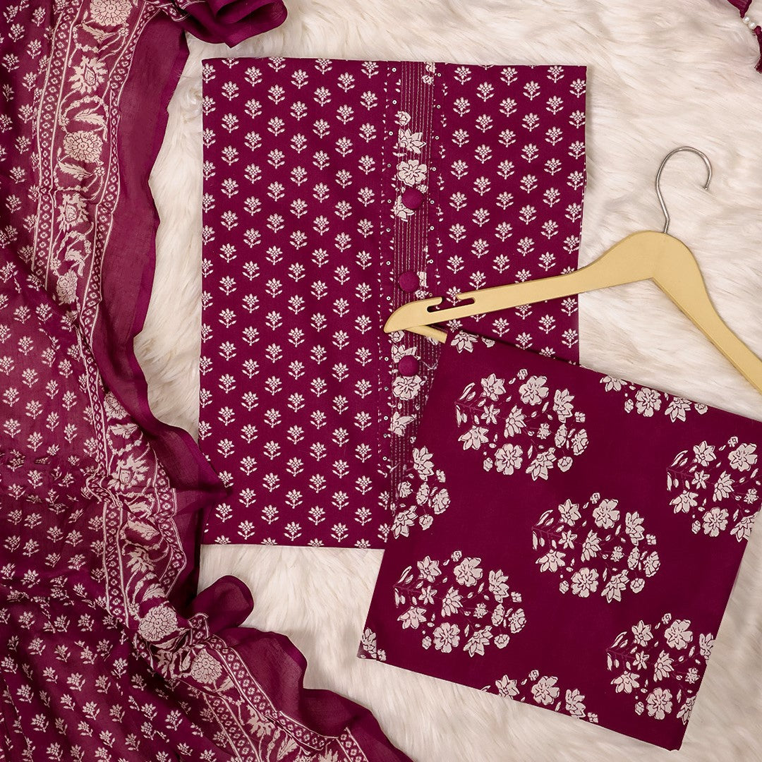 Wine Bagru Print Cotton Unstitched Suit Set