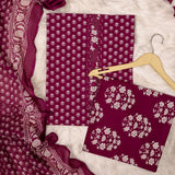 Wine Bagru Print Cotton Unstitched Suit Set