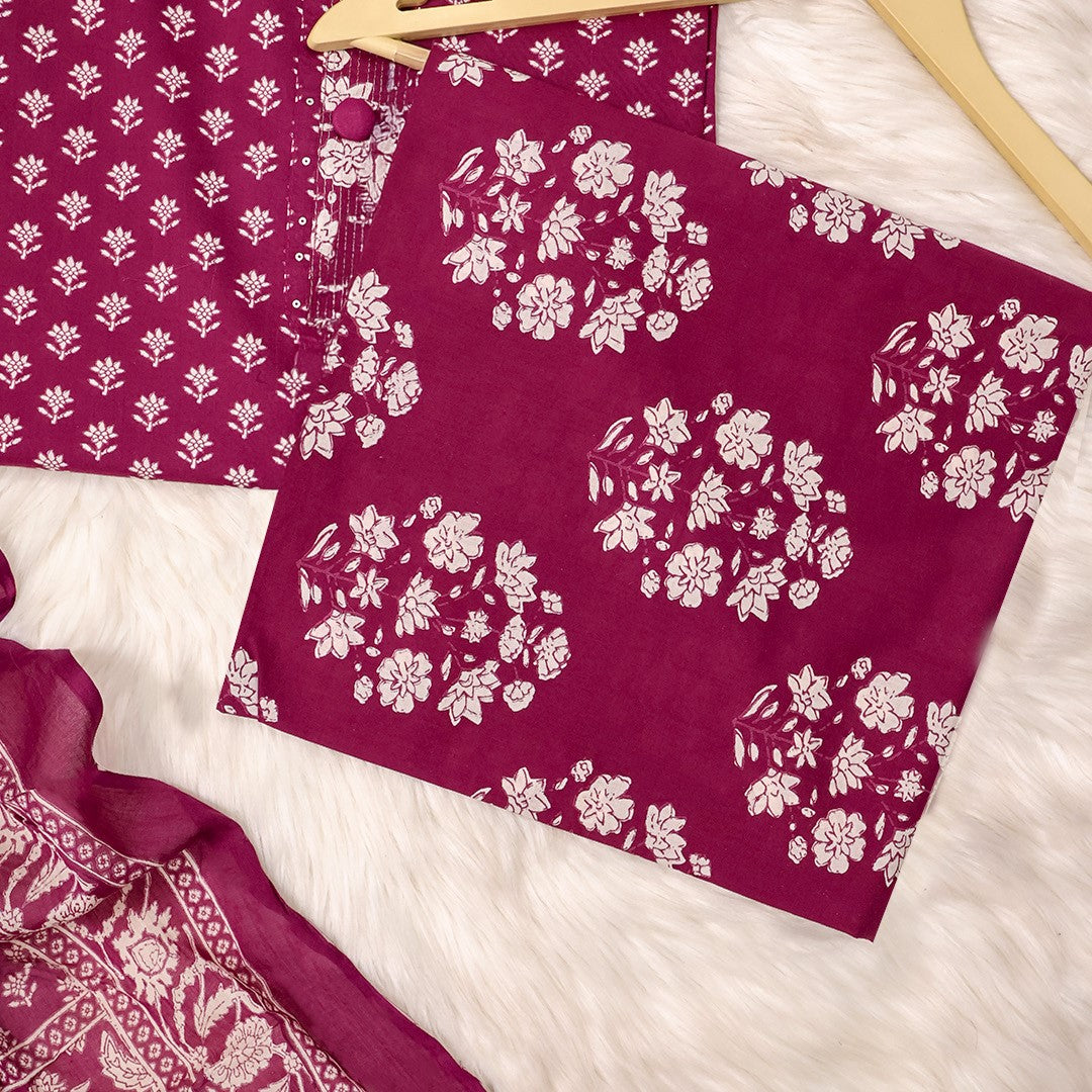 Wine Bagru Print Cotton Unstitched Suit Set