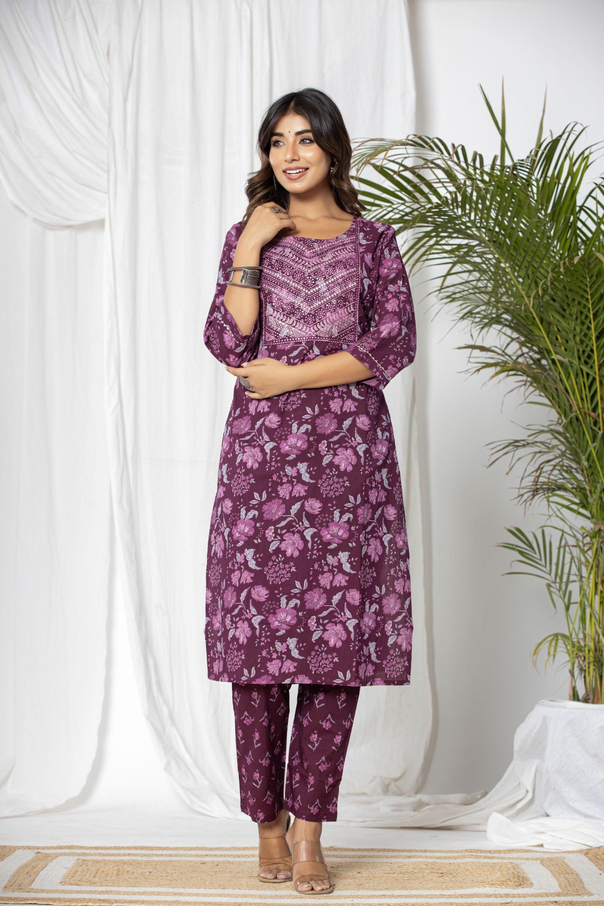 Wine Floral Cotton Suit Set