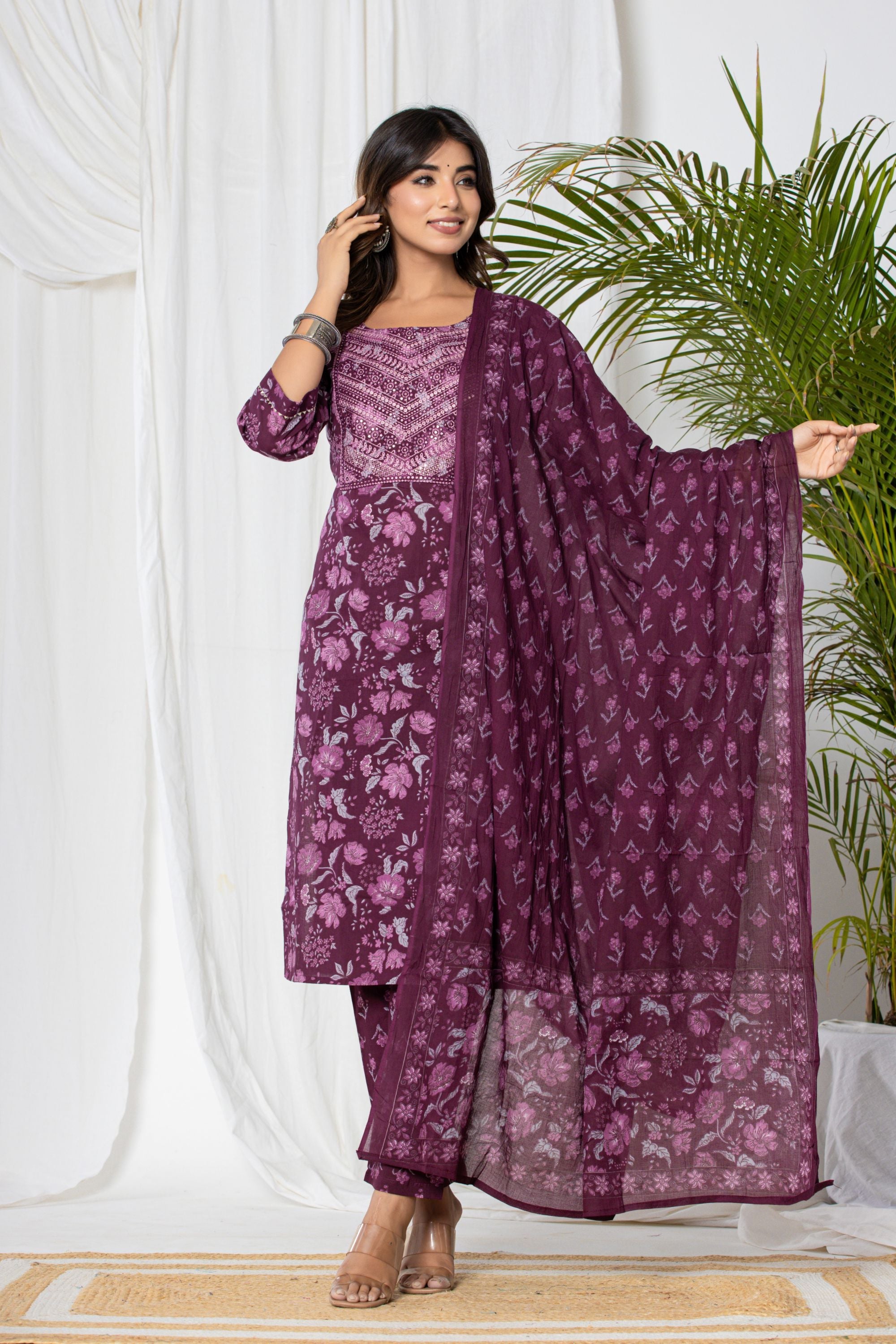 Wine Floral Cotton Suit Set
