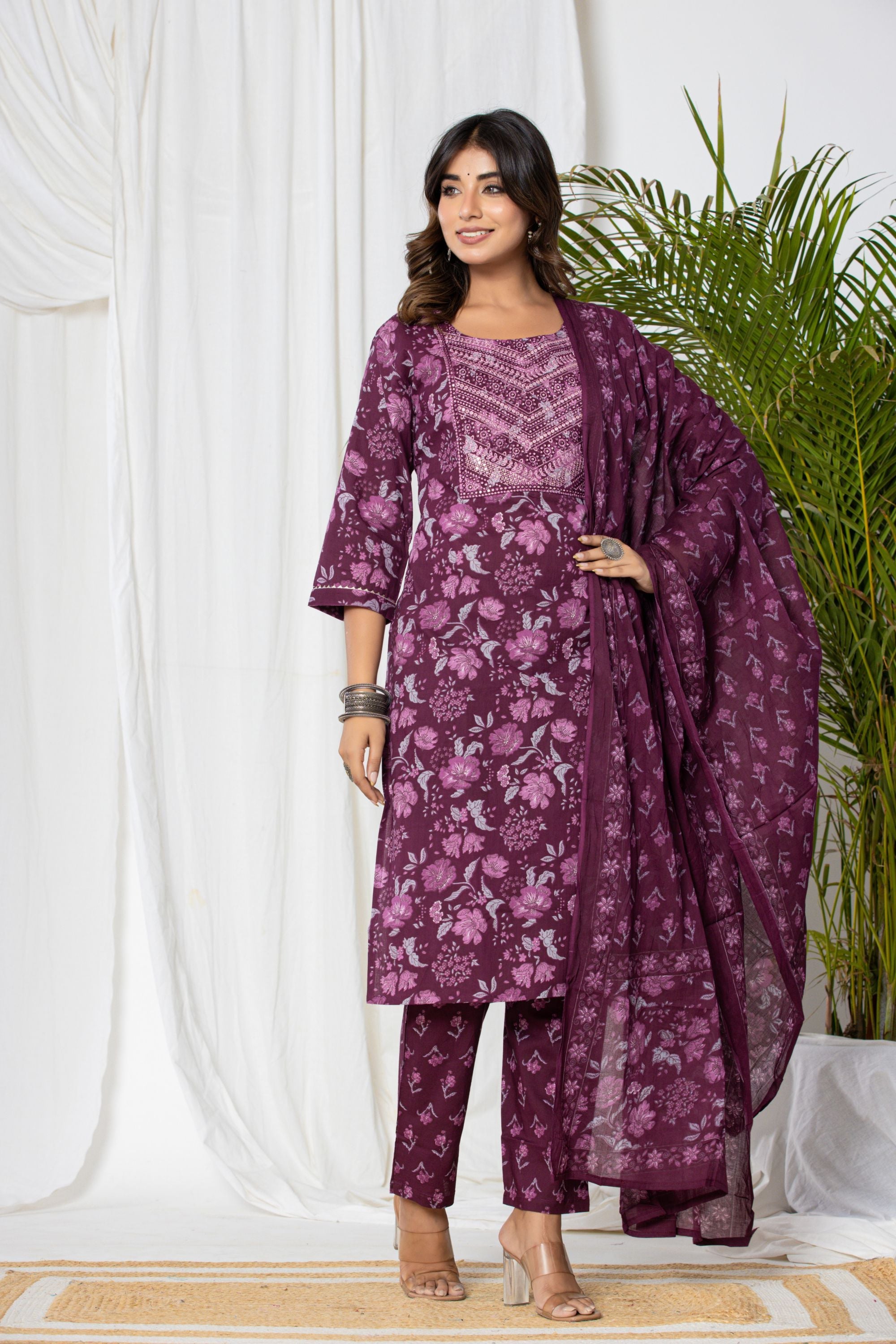 Wine Floral Cotton Suit Set