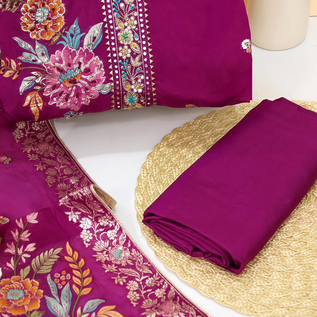 Wine MeenaKari HO Silk Unstitched Suit Set