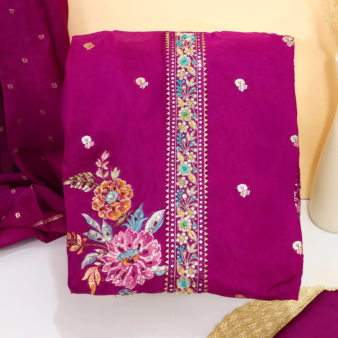 Wine MeenaKari HO Silk Unstitched Suit Set