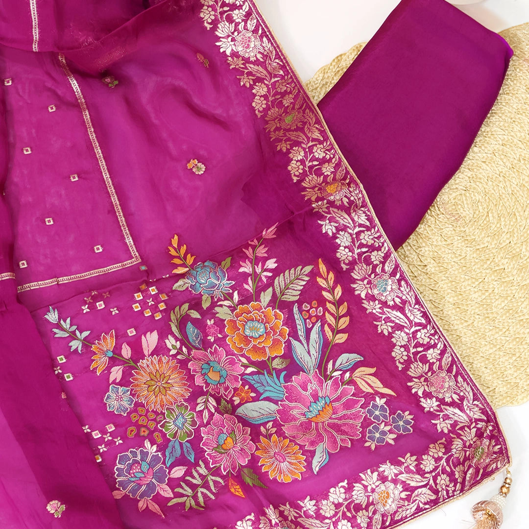 Wine MeenaKari HO Silk Unstitched Suit Set