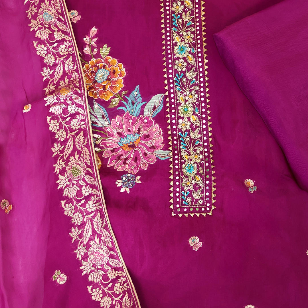 Wine MeenaKari HO Silk Unstitched Suit Set