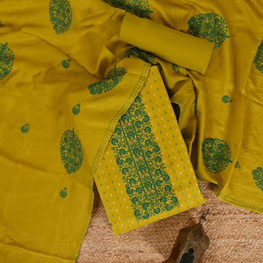 Yellowish Green Chanderi Unstitched Salwar Suit