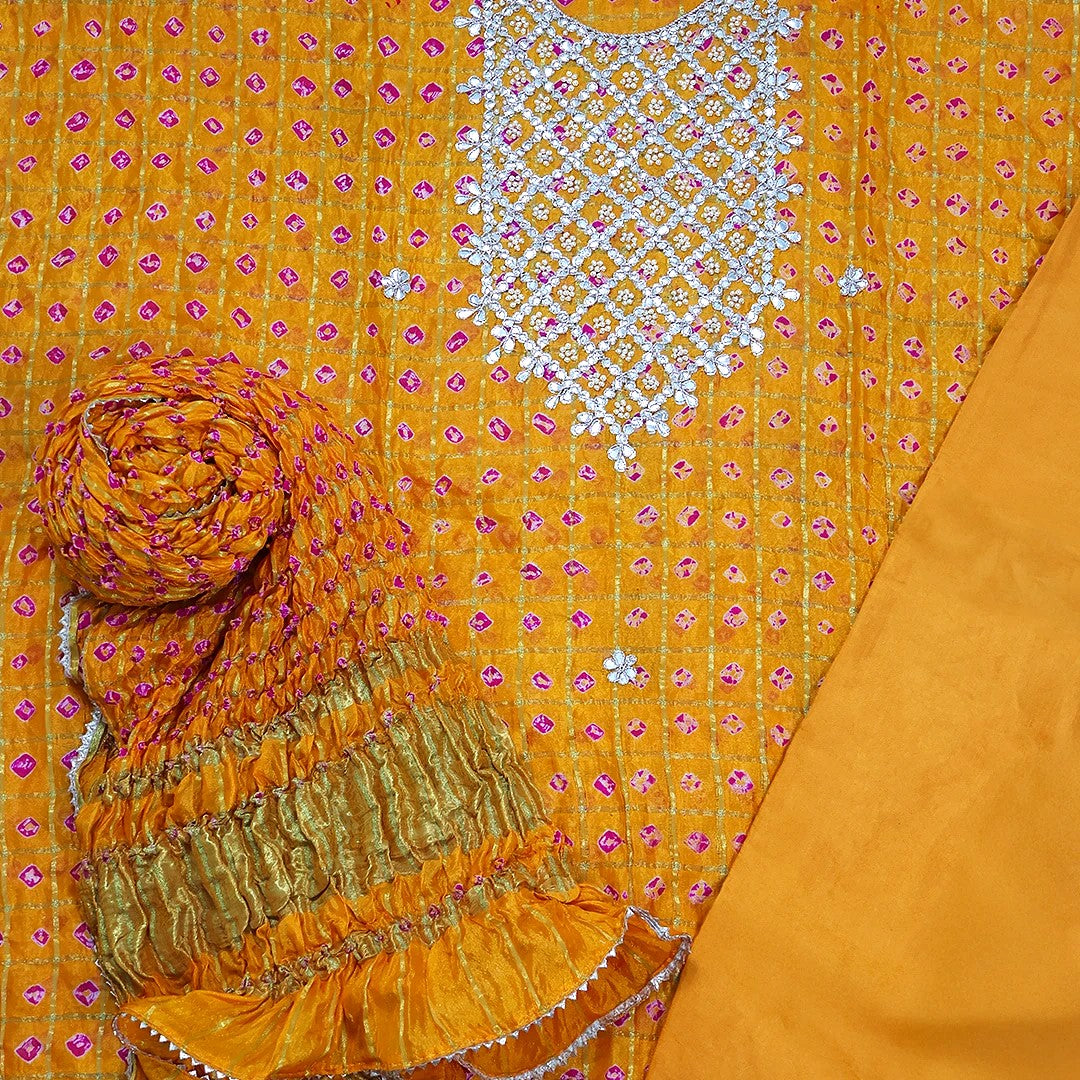 Yellow Tapeta Silk Bhandej Unstitched Suit Set