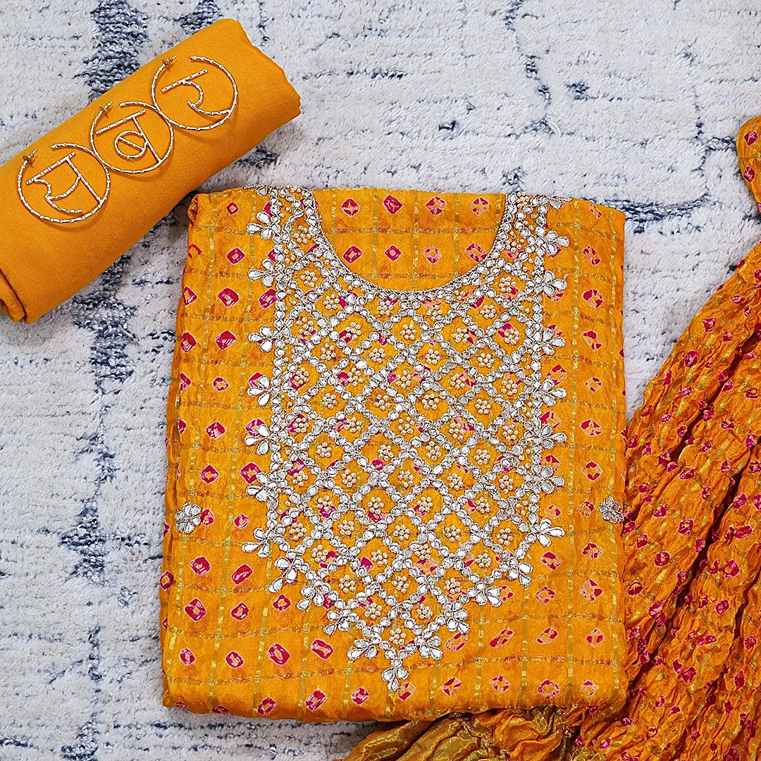 Yellow Tapeta Silk Bhandej Unstitched Suit Set