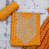 Yellow Tapeta Silk Bhandej Unstitched Suit Set