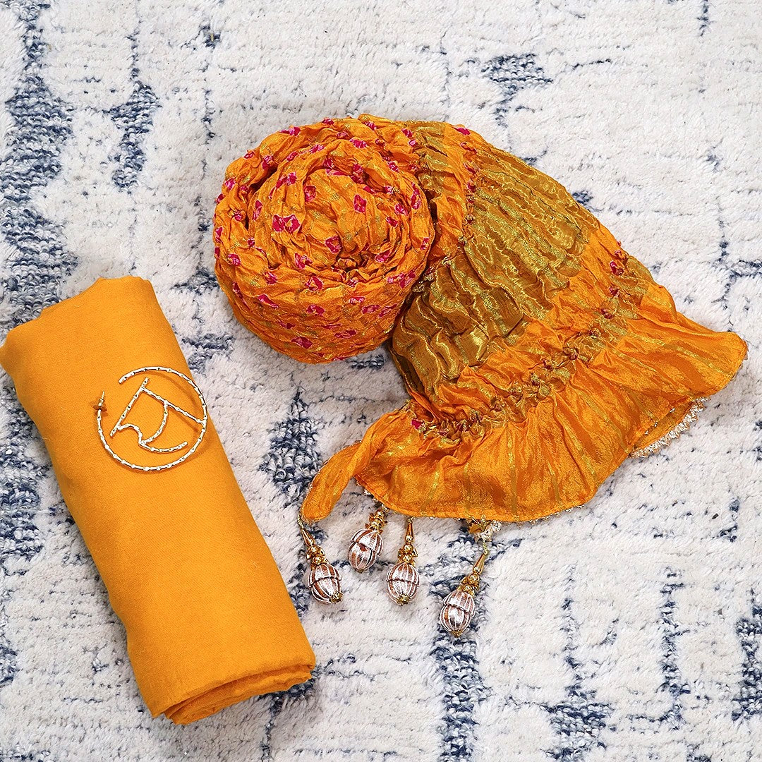 Yellow Tapeta Silk Bhandej Unstitched Suit Set