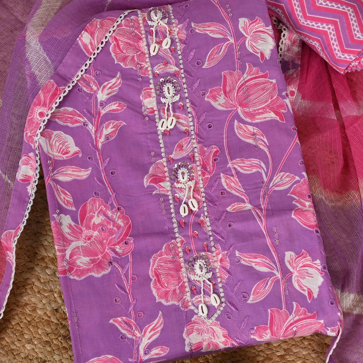 phlox Purple Full Embroidered Cotton Suit Set
