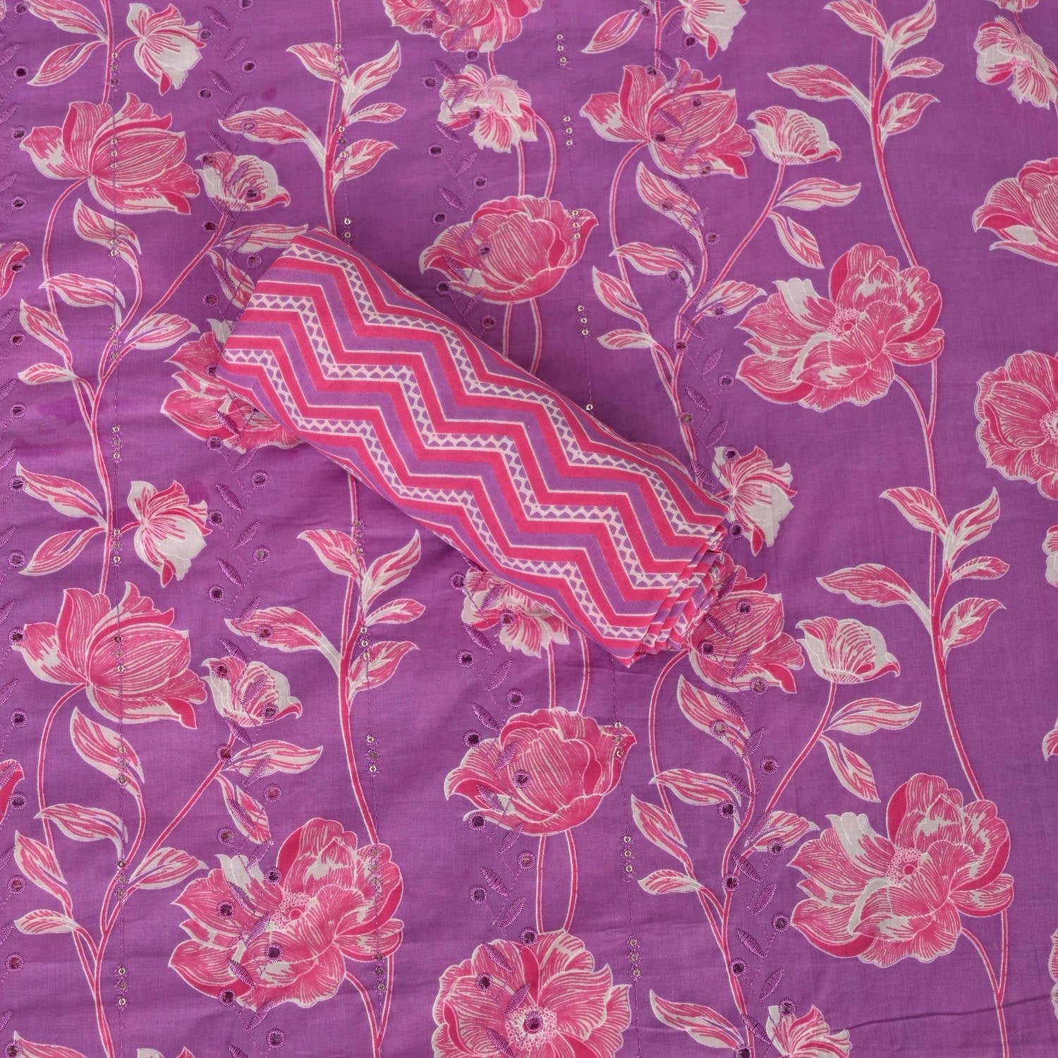 phlox Purple Full Embroidered Cotton Suit Set