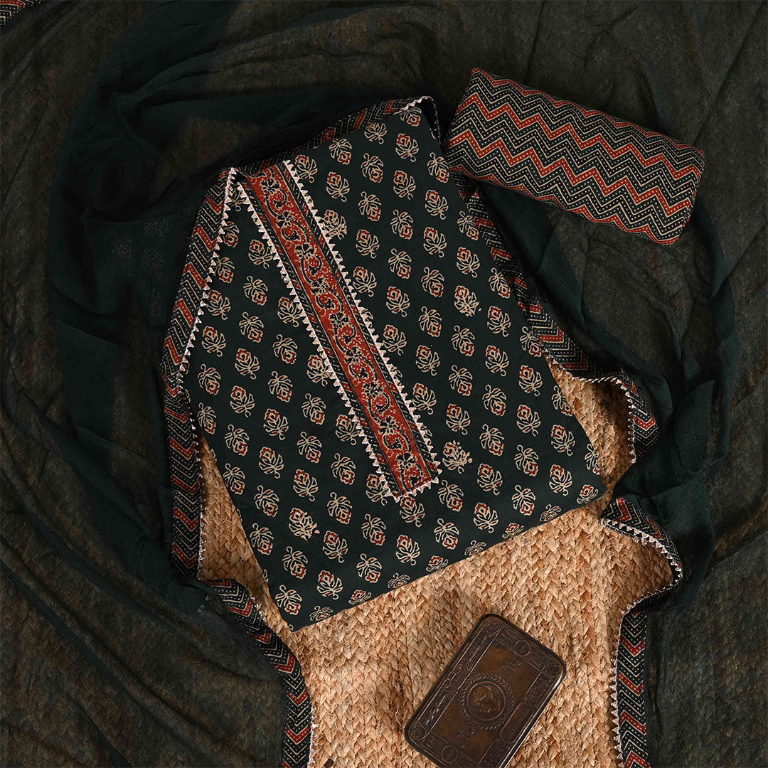 Ajrakh Buti Cotton Unstitched Jaipuri Suit Set With Chiffon Dupatta