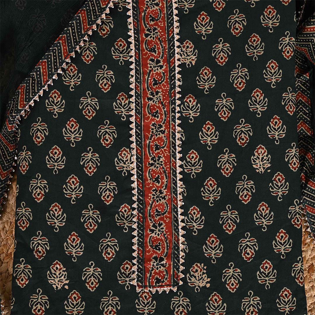 Ajrakh Buti Cotton Unstitched Jaipuri Suit Set With Chiffon Dupatta