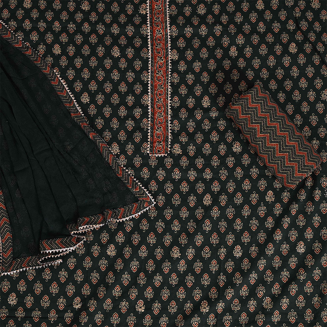 Ajrakh Buti Cotton Unstitched Jaipuri Suit Set With Chiffon Dupatta