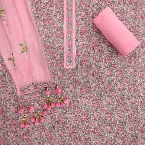 Aqua Pink Cotton Unstitched Rajasthani Suit Set With Chiffon Dupatta