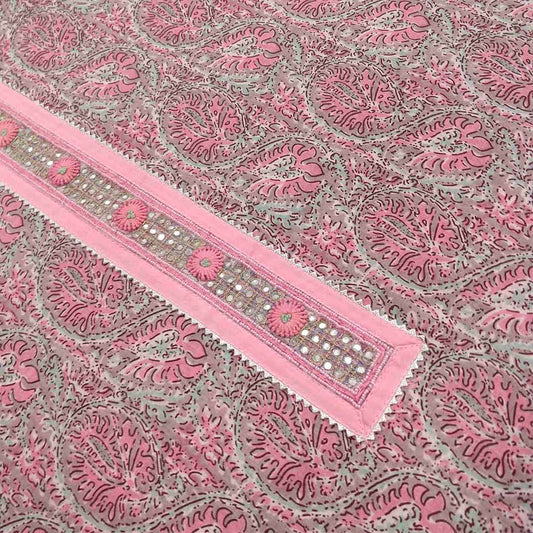 Aqua Pink Cotton Unstitched Rajasthani Suit Set With Chiffon Dupatta