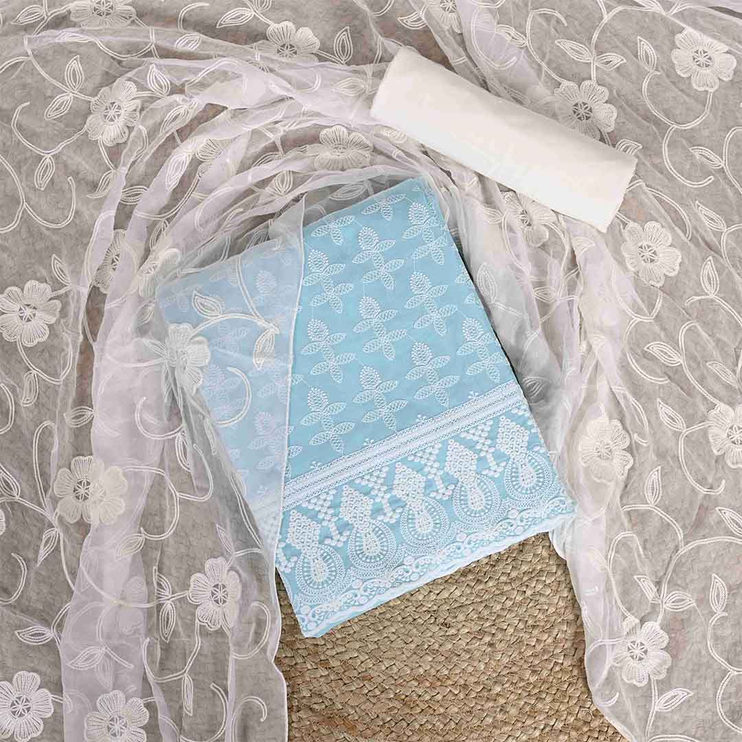 Baby Blue Chikankari Cotton Unstitched Jaipuri Suit Set With Chiffon Dupatta