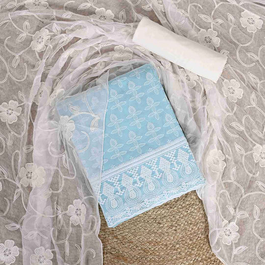 Baby Blue Chikankari Cotton Unstitched Jaipuri Suit Set With Chiffon Dupatta