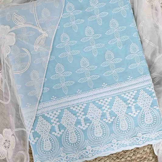 Baby Blue Chikankari Cotton Unstitched Jaipuri Suit Set With Chiffon Dupatta