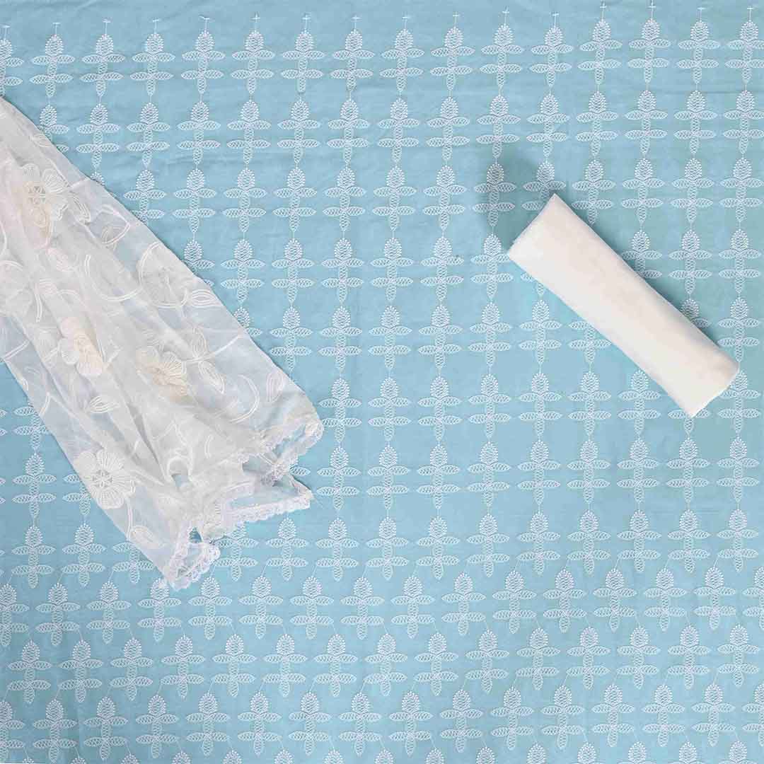 Baby Blue Chikankari Cotton Unstitched Jaipuri Suit Set With Chiffon Dupatta