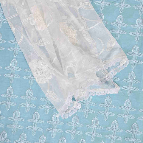 Baby Blue Chikankari Cotton Unstitched Jaipuri Suit Set With Chiffon Dupatta