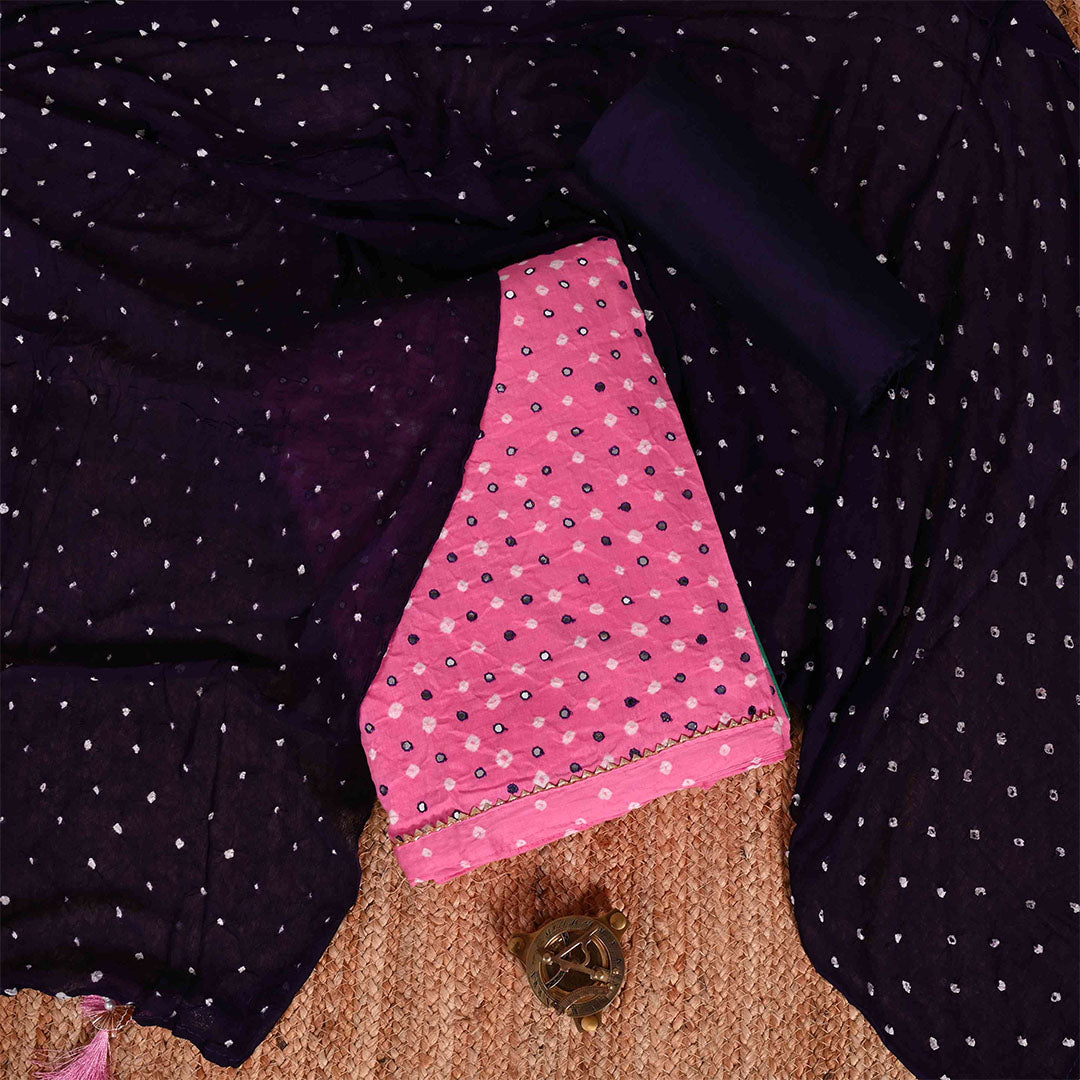 Bandhani Mirror Work Cotton Unstitched Jaipuri Suit Set With Chiffon Dupatta
