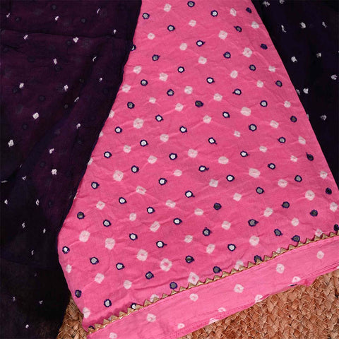 Bandhani Mirror Work Cotton Unstitched Jaipuri Suit Set With Chiffon Dupatta