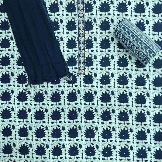 Batik Blue Cotton Unstitched Jaipuri Suit Set With Chiffon Dupatta