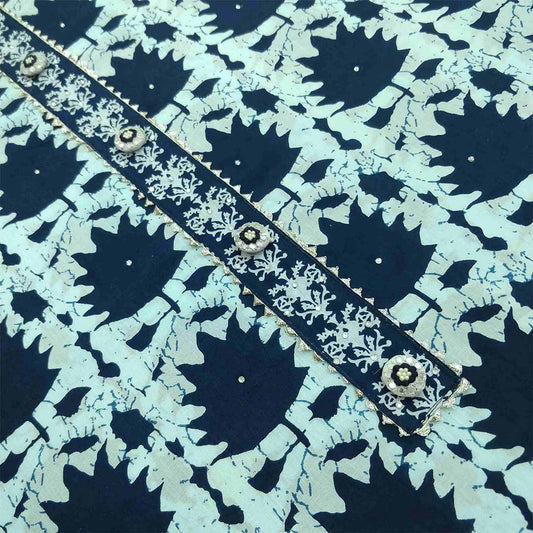 Batik Blue Cotton Unstitched Jaipuri Suit Set With Chiffon Dupatta